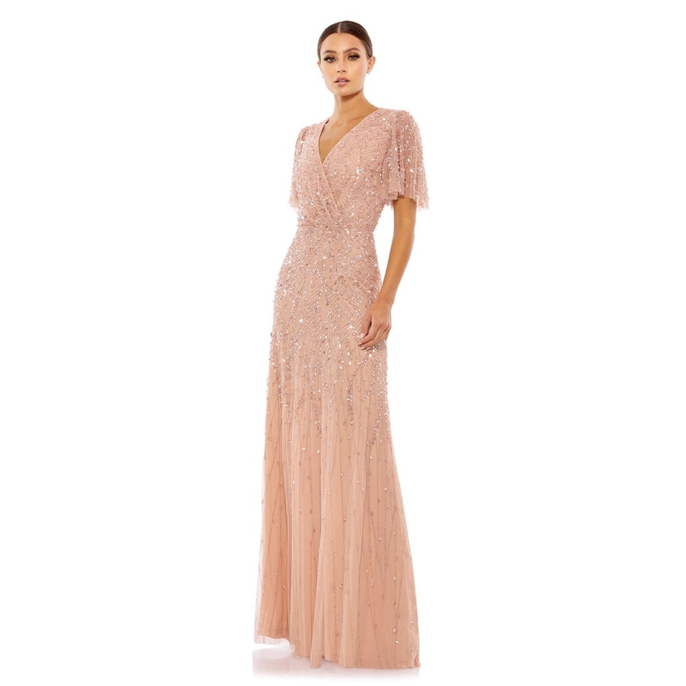 Mac Duggal embellished flutter sleeve gown in nude Size 16 (Like new w/o tags)